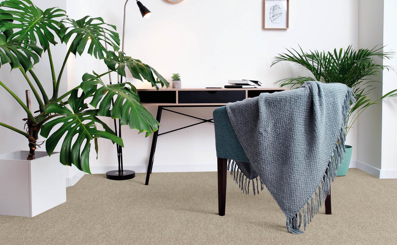 beige carpet in home office with large plants.